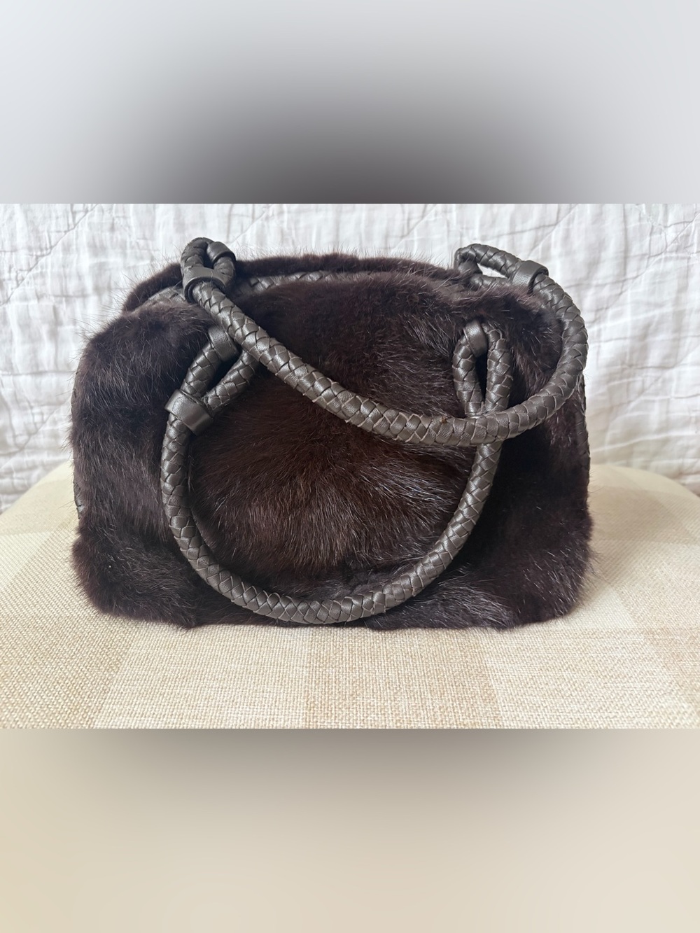 VINTAGE Bloomingdale’s Plush Chocolate Brown REAL Fur Tote with Braided Handles